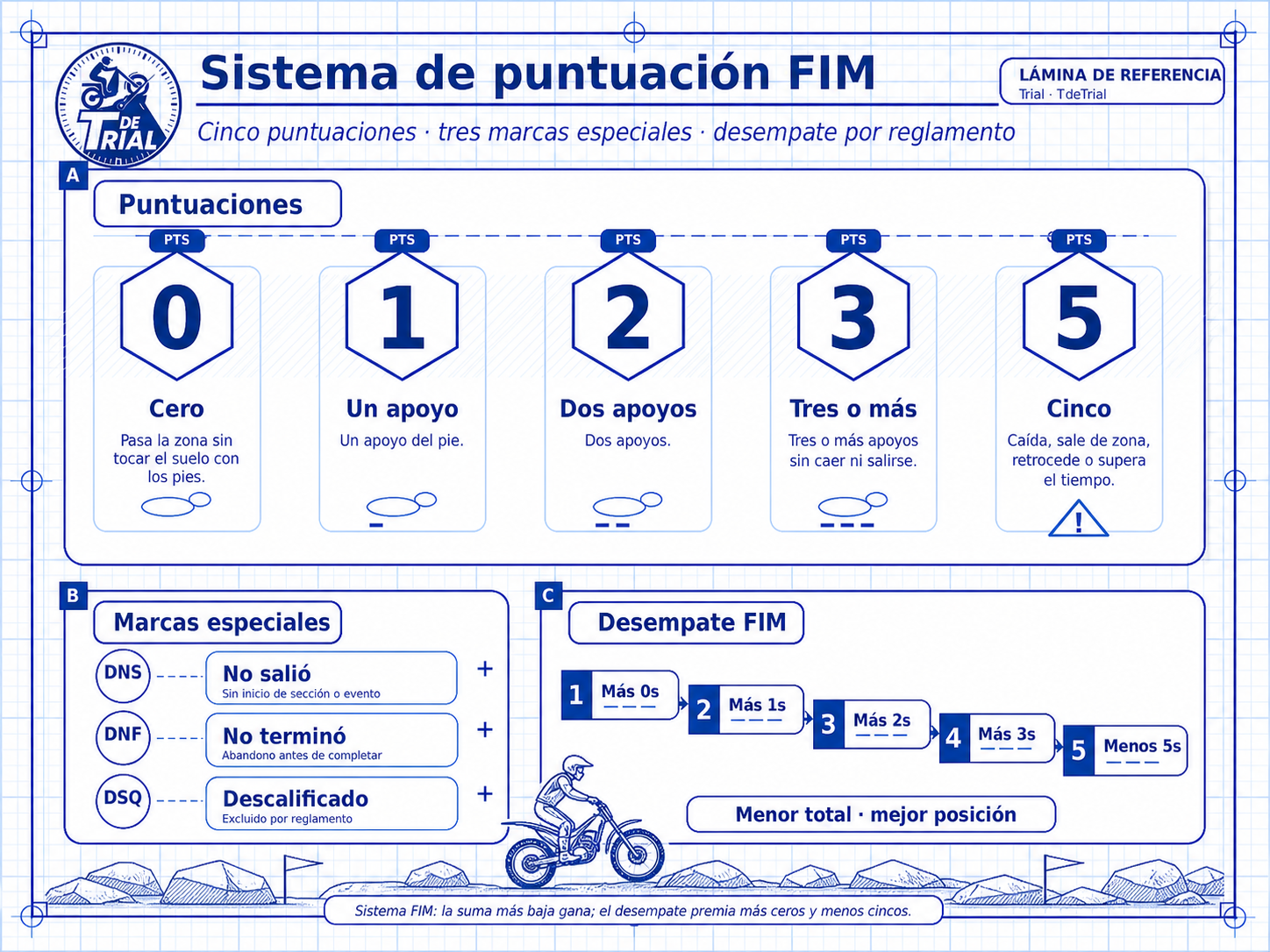 Sistema de puntuación FIM: cinco puntuaciones (0, 1, 2, 3, 5), tres marcas especiales (DNS, DNF, DSQ) y la cascada de desempate